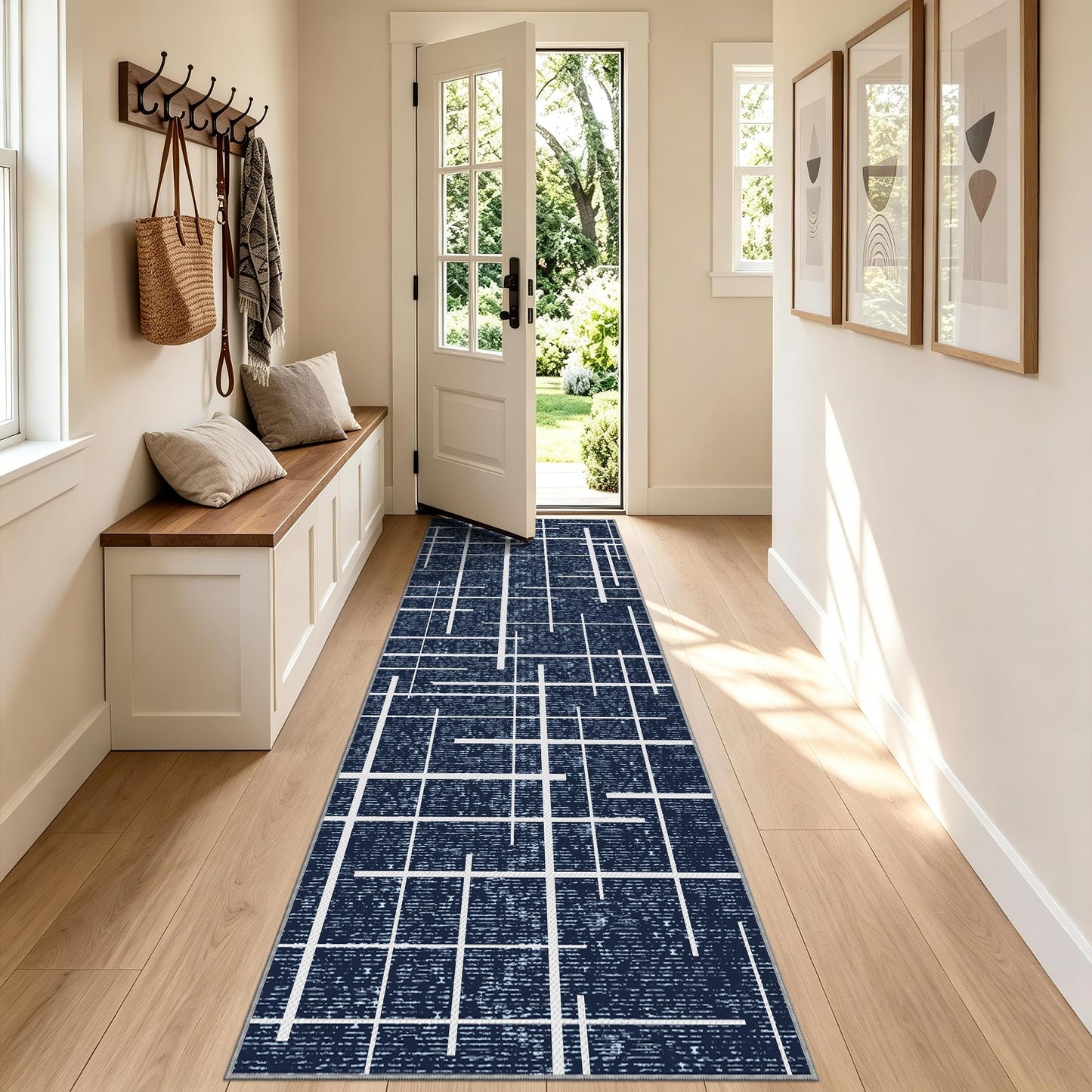 TTelephant Non Slip Hallway Runner Rug 2x10, Blue Modern Distressed Stripe, Washable Long Rug, Woven Thin Low Pile Carpet Runners for Hallway 10ft Entryway, Kitchen, Walkway- Blue