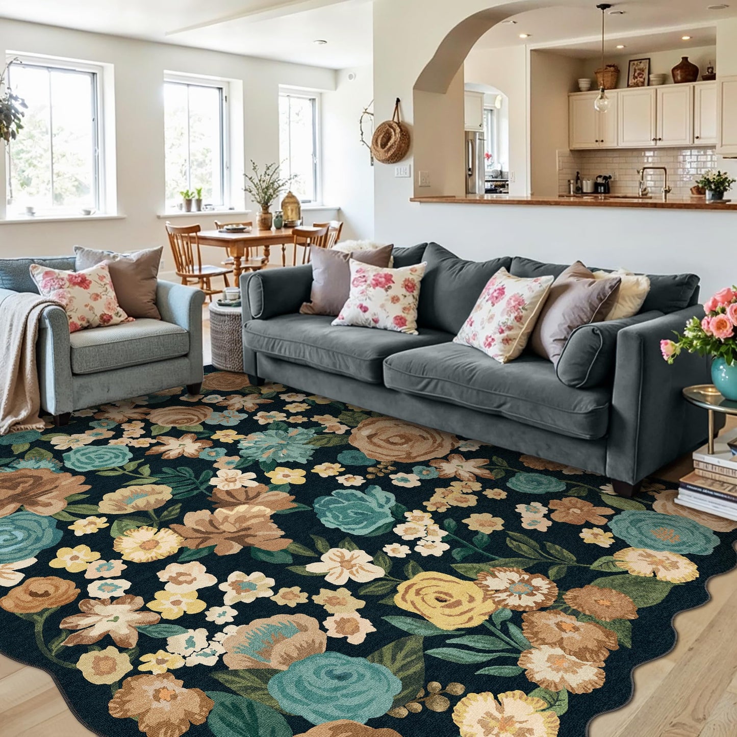 PureCozy Washable Floral Area Rug 6x9 Black Living Room Large Carpet Bedroom Scalloped Flower Non Slip Soft Throw Rug Farmhouse Low Pile Thin Indoor Floor Cover for Dining Room Office