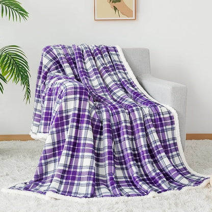 Touchat Sherpa Plaid Throw Blanket, 60" X 70"Fuzzy Fluffy Cozy Soft Blanket, Fleece Flannel Plush Twin Size Microfiber Blanket for Couch Bed Sofa,Purple