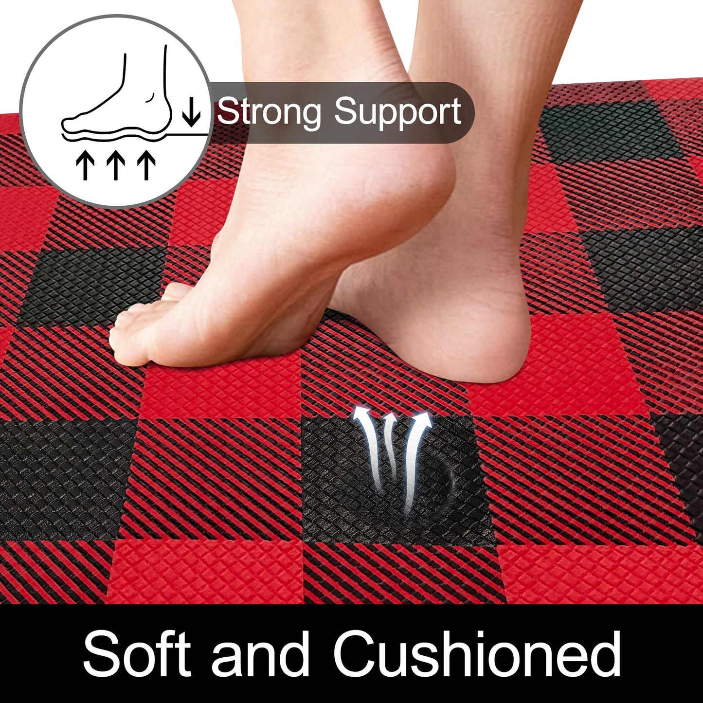 Aoczes Long Kitchen Runner Rug Anti-Fatigue Floor Mat 17.3x94 Inches Black Red Buffalo Plaid Waterproof Non-Slip Comfort Mat for Kitchen, Office, Laundry Room
