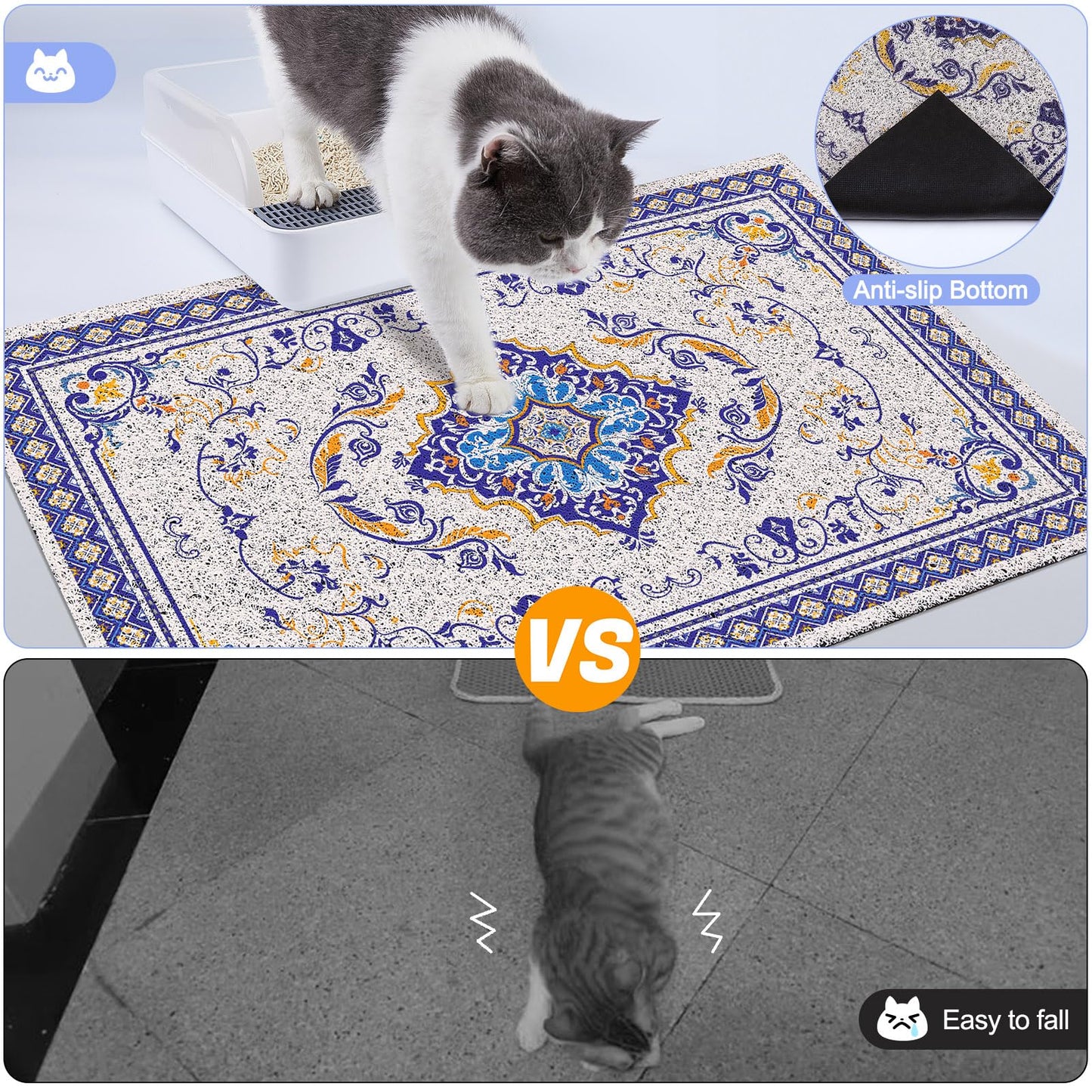 Glittme Cat Litter Mat with Non-Slip Bottom Litter Box Mat 33"X22" Litter Trapping Mat Easy to Clean Washable Cat Food Mat for Kitty,L