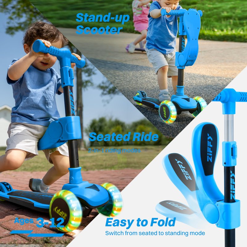 JOVA ZIFFY 2-in-1 Toddler Scooter with Seat, 3 Wheel Scooter with LED Lights, Anti-Slip Surface, Adjustable Height Handlebars and Foldable Seat, Toys for Kids Ages 3-12, Blue (Up to 110 Lbs)