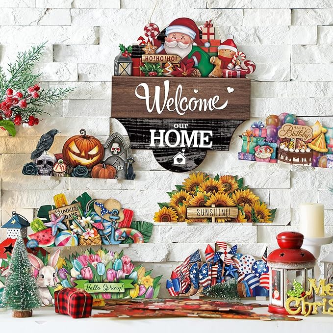 Yousoontic 17 Pcs 12 Inch Magnetic Welcome Door Sign Interchangeable Front Door Decor Rustic Fall Seasonal Hanging Sign Halloween Christmas Decor for Home Warming Gift