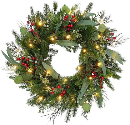 Big 26" D Pre-Lit Christmas Greenery Pine Wreath w Real Grapevine Base (35 Led Lights, 8 Flash Options) for Xmas Decoration: Shop Home Decor Front Door Living Room Wall Window (Battery)