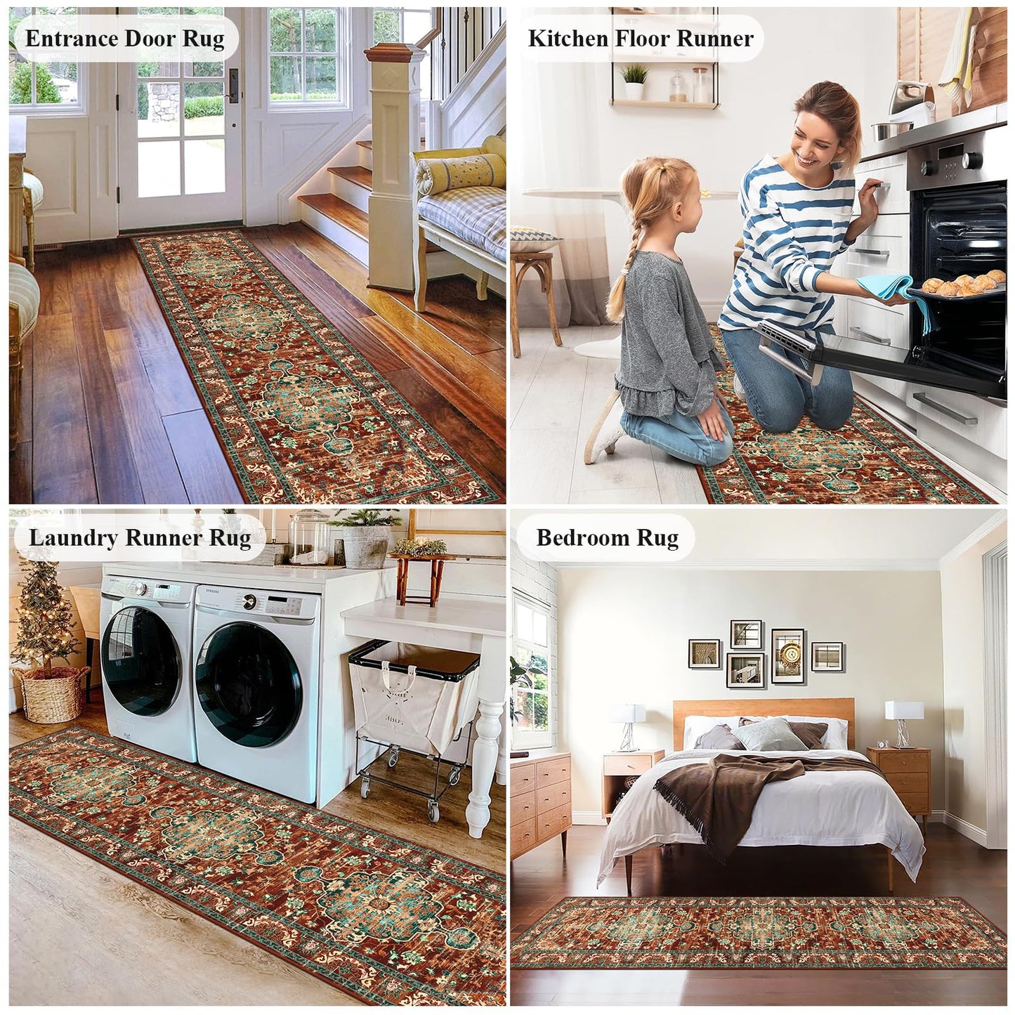 U'Artlines 2' x 8' Boho Hallway Runner Rug, Non Slip Washable Vintage Farmhouse Accent Area Rug Carpet for Kitchen Entryway Laundry and Living Room (Rust＆Teal)