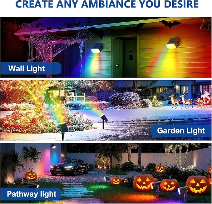 Color Changing Solar Spot Lights Outdoor Waterproof IP65,9 Lighting Modes Multicolor RGB Halloween Spotlight for Porches Yard Gardens Landscape Deconrations-2 Pack