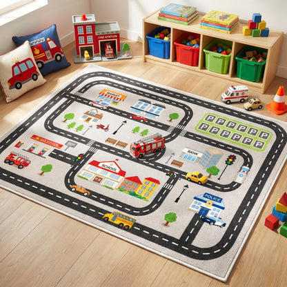 5'x7' Car Rug Play Mat for Kids Toy Cars, Faux Wool Road Rug Car Track Playmat Educational City Map Washable Carpet for Boy Playroom Bedroom Nursery, Non Slip Kids Area Rug for Children Toddler