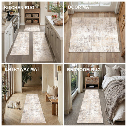 WondRg Kitchen Rug Set of 3 Washable Beige Grey Abstract Kitchen Mats for Floor Non-Slip Kitchen Runner Rug Soft Low Pile for Bathroom Laundry Hallway Sink Entryway