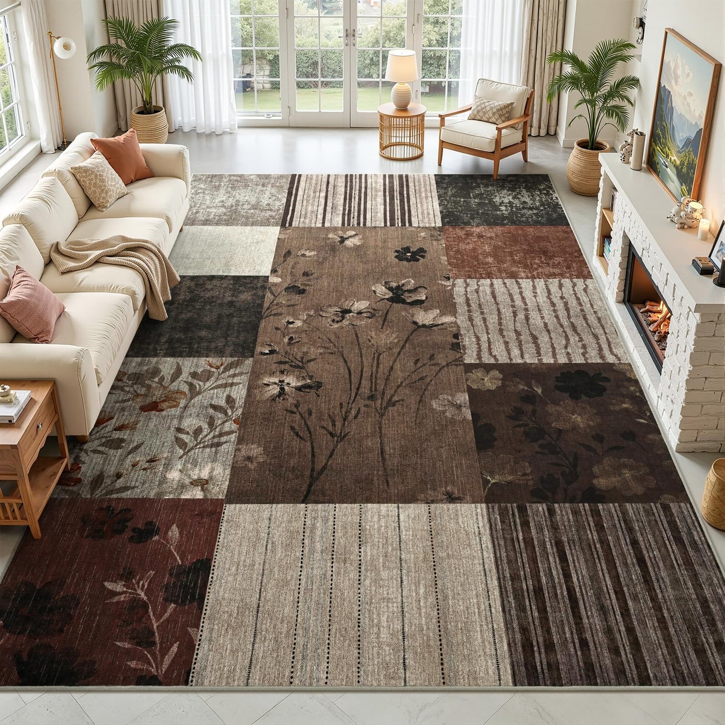 DweIke Area Rugs 4'x6' Washable Brown Rug for Living Room, Non-Slip Modern Geometric Patchwork Stain Resistant Indoor Throw Carpet for Bedroom Dining Room Farmhouse Office Decor