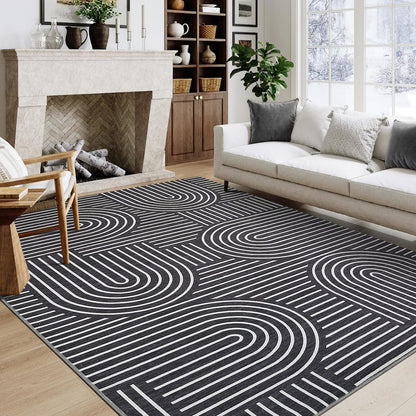 ROYHOME Washable Rug 5x7 Area Rugs for Living Room, Abstract Rug for Bedroom, Soft Rainbow Non Slip Throw Rugs with Rubber Back, Low Pile Stain Resistant Boho Geometric Carpet for Dining Room, Black