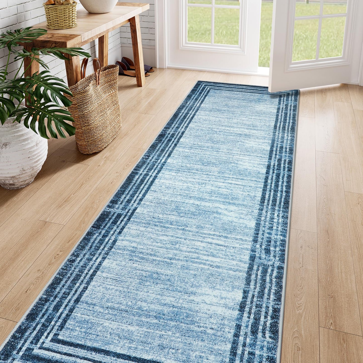 Lahome Amabel Abstract Runner Rug,2.5x8 Hallway Runner Rug Non-Slip Washable Blue Kitchen Runner Rugs, Soft Bedroom Runner Minimalist Solid Indoor Carpet Runners for Entryway Bathroom Laundry Room