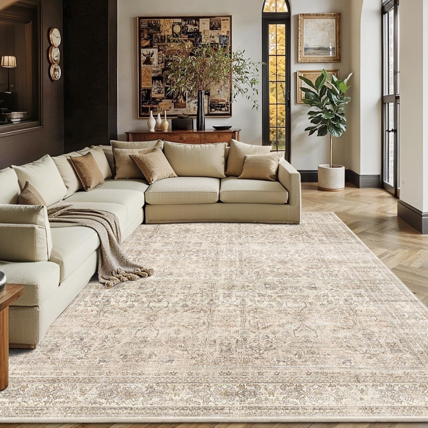 Schweek 9x12 Washable Area Rug Beige Neutral Vintage Distressed Rugs Large Non-Slip Living Room Area Rugs, Soft Low Pile Carpet Indoor Mat Throw Rug for Bedroom Dining Room Office Nursery