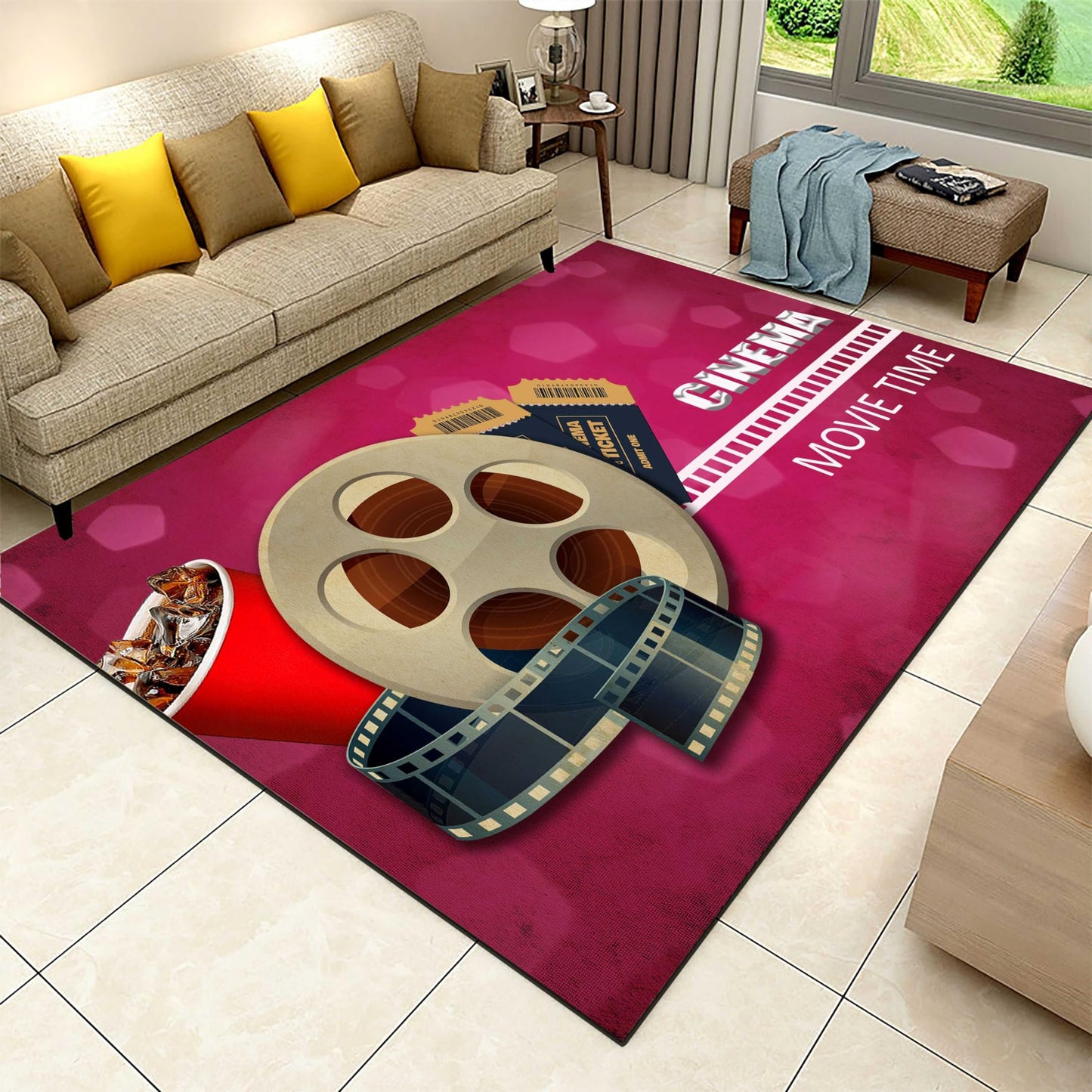 Puyosvr Movie Theater Sign Area Rugs,5x7ft,Film Reels Patterned Rug, Vintage Film Clapper Theme Non Slip Carpet, Easy to Clean Suitable for Living Room Bedroom Kitchen Games Room