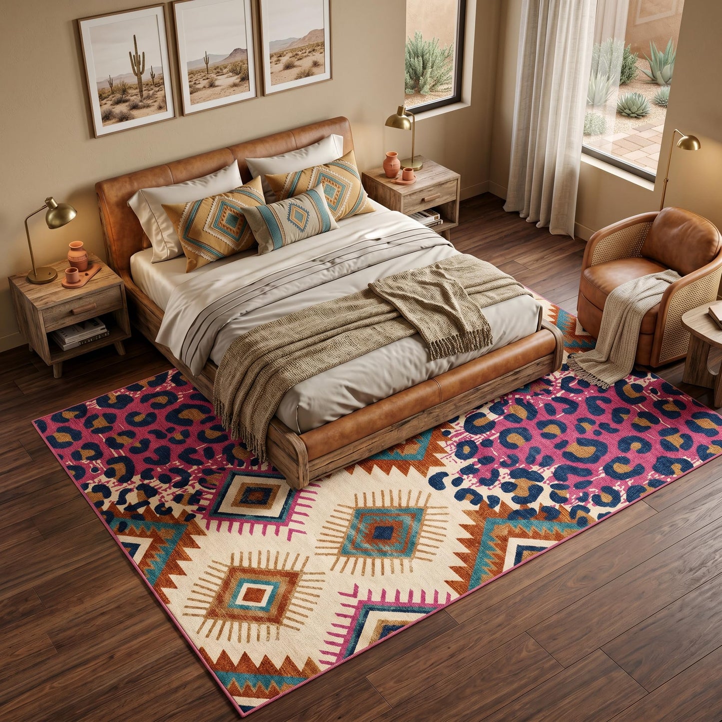 GraceSway 5x7 Area Rug, Southwestern Geometric and Cheetah Leopard Print Patchwork Design, Faux Cashmere Ultra Soft Short Pile, Washable & Non-Slip Backing, Indoor Carpet for Living Room Bedroom