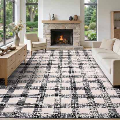 Garvee 9x12 Checkered Area Rug, Washable Modern Geometric Rug, Non Slip Low Pile Soft Carpet for Bedroom, Living Room, Dining Room, Black