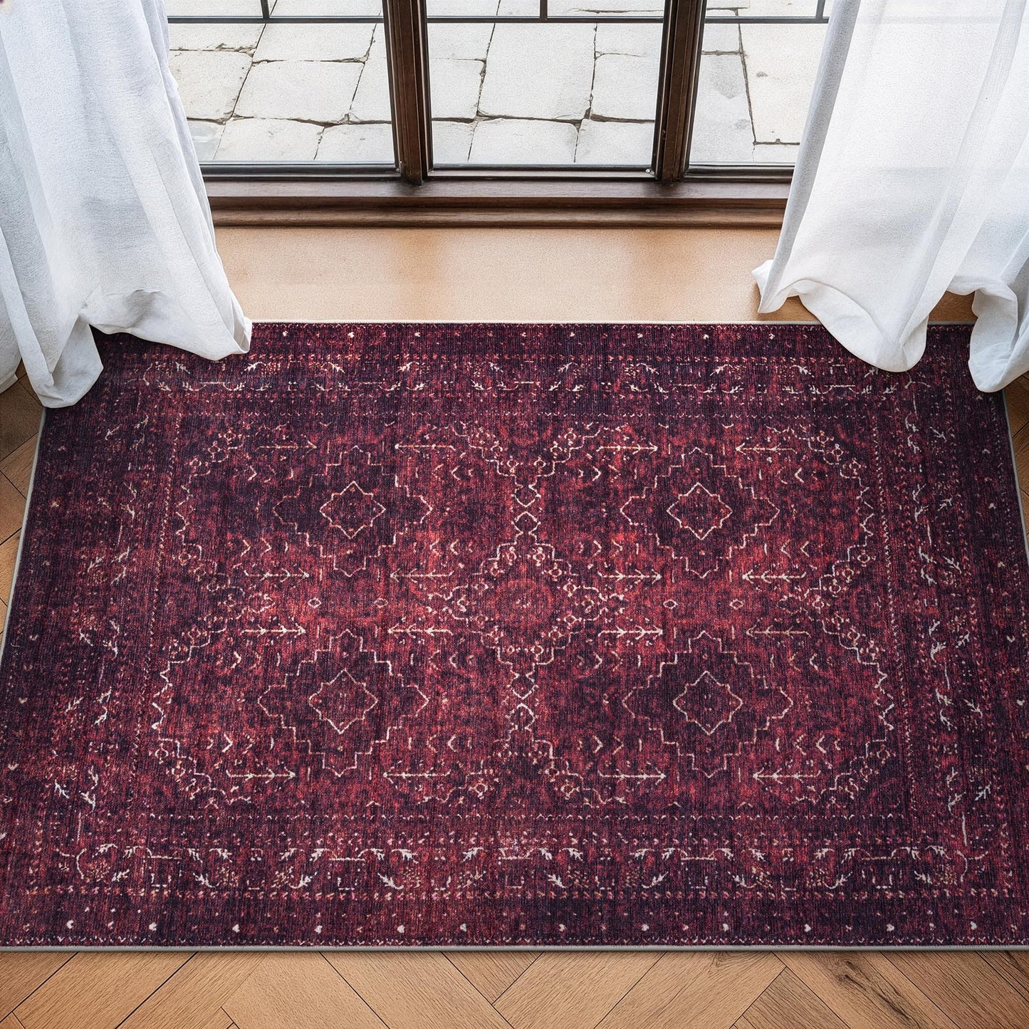 Bloom Rugs Washable Non-Slip 3' x 5' Rug - Dark Red Traditional Bordered Area Rug for Living Room, Bedroom, Dining Room, and Kitchen - Exact Size: 3' x 5'