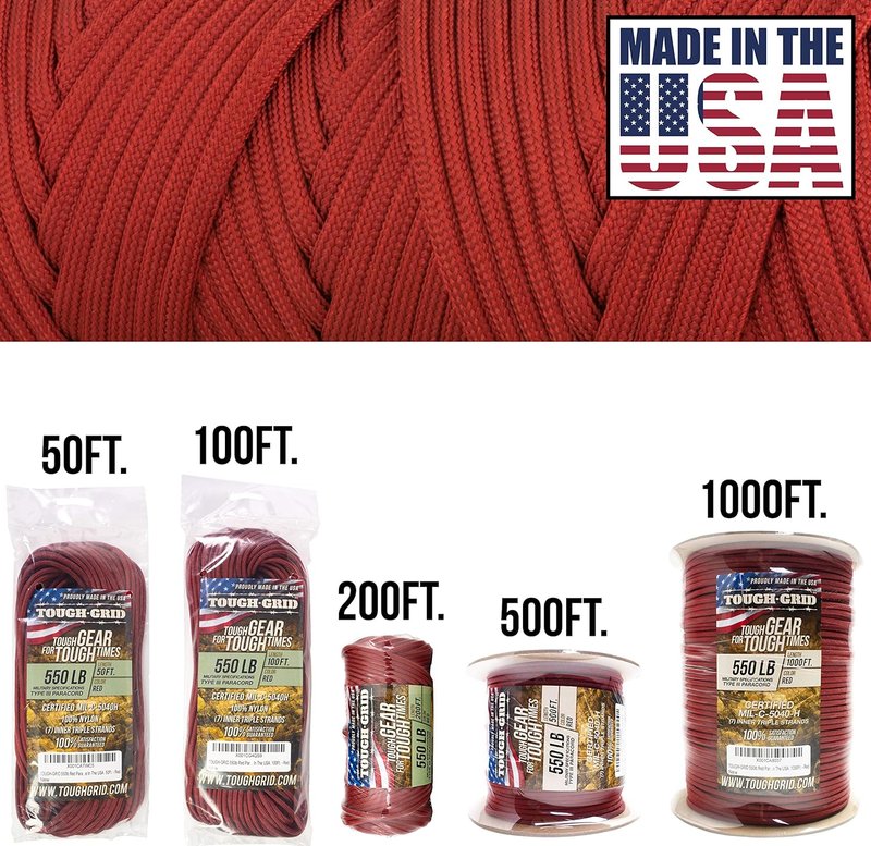 Tough-Grid 550 Paracord Rope - Durable Nylon Survival Cord for Camping, Tactical Gear & Emergency Kits | Made in USA