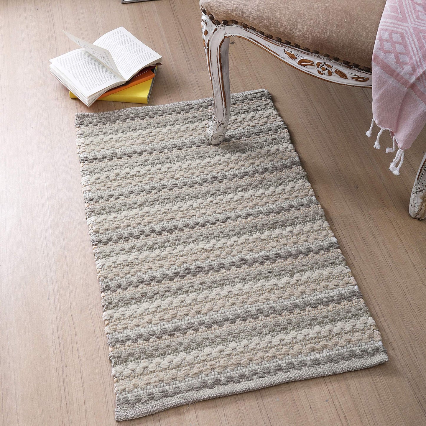 Cotton Chenille Hand Woven Area Rug 2x3 Feet - Linen Combo, Reversible Quick Water Absorbent Accent Floor Rugs Ideal for Bathroom, Kitchen, Bedroom | Beige Soft Washable Durable Mat for Home Décor