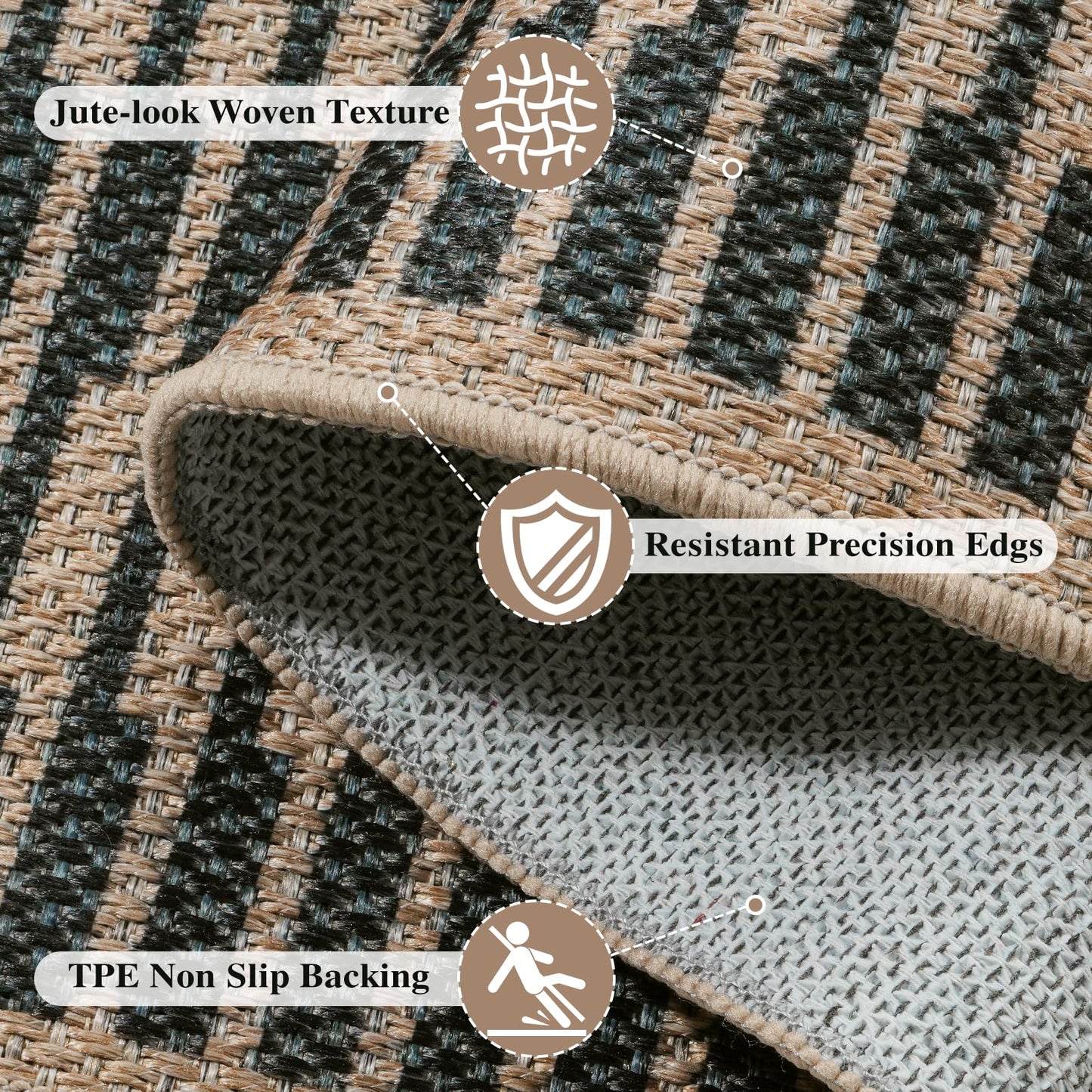 LIVEBOX Easy Jute 3x5 Outdoor Rug, Washable Non Slip Front Door Porch Rugs, Neutral Black Striped Accent Carpet Mat for Entryway, Mudroom (Black & Tan)