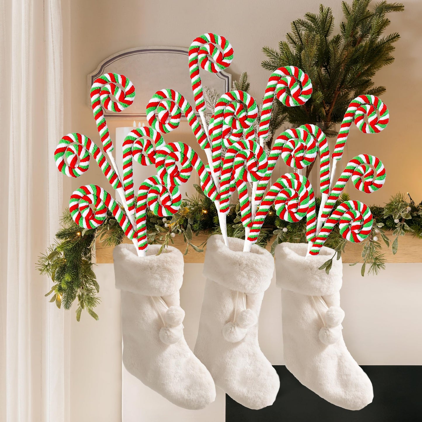 Sggvecsy 6 Pcs Christmas Tree Decoration Woolen Bells Candy Cane Shape Picks Lollipop Curly Pick Ornaments Xmas Tree Topper for Party Vase Filler Home Office Decor (Green)