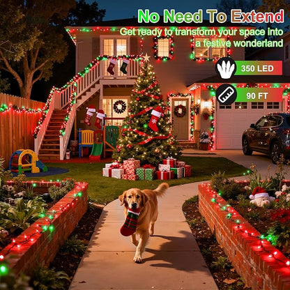 350LED Christmas Lights Indoor Outdoor, 90ft 12 Modes Red & Green LED String Lights with Timer Dimmable, Waterproof Christmas Tree Lights for Xmas Patio Yard Fence Balcony Garden Party Decor Red&Green