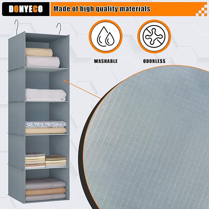 Hanging Closet Organizer 5-Shelf, Easy Mount Foldable Wardrobe Storage Shelves