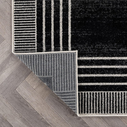 Rugshop Contemporary Geometric Bordered Runner Rug for Hallway,Entryway,Kitchen Rug Low Pile Rug with Jute Backing 2' 3" x 12' Black