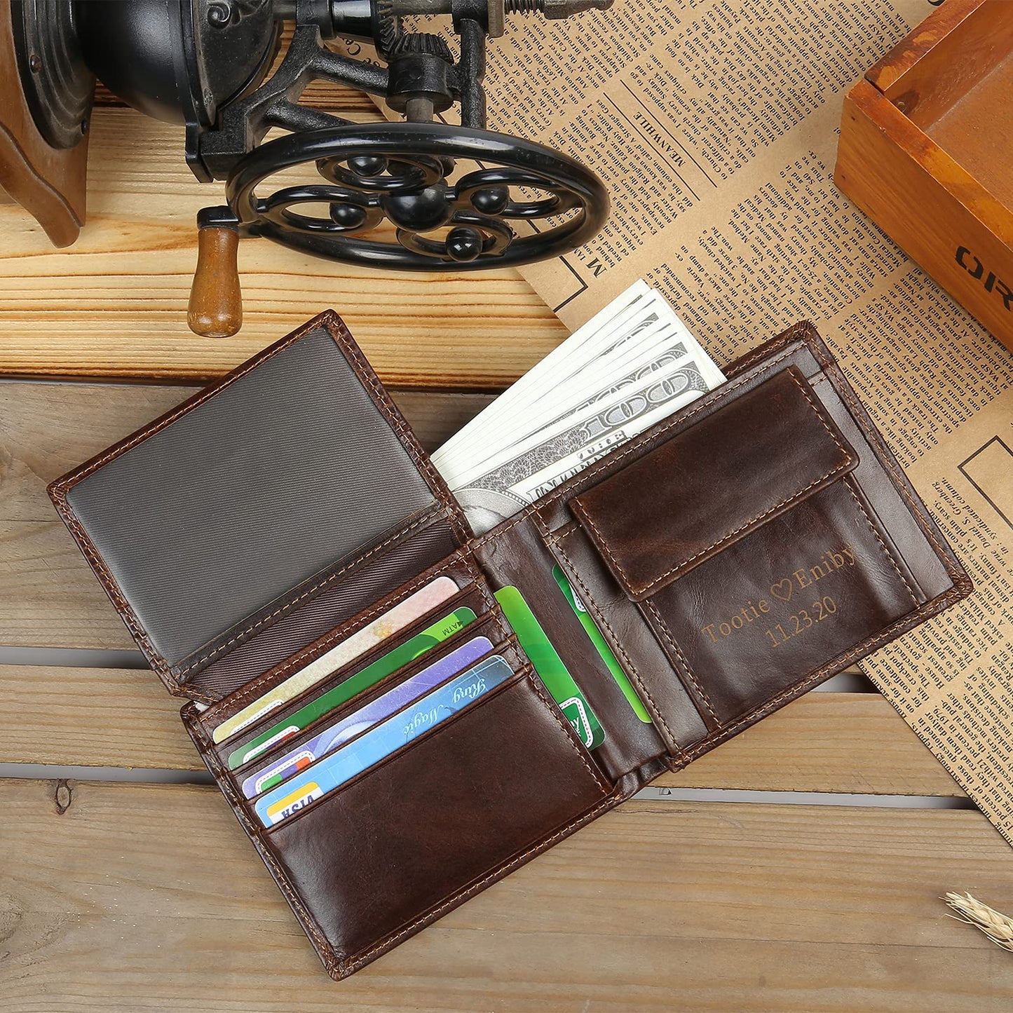 Glooraca Personalized Leather Wallet for Men, Custom Engraved Name & Initials Gift for Dad Father's Day, Genuine Leather RFID Blocking Bifold Thin Wallet (Color 1)