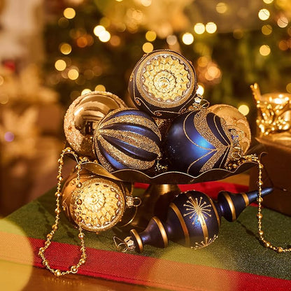 Valery Madelyn Glass Christmas Ornaments Set, 10ct Blue Gold Mercury Blown Glass Christmas Tree Ball Decorations, Luxury Hanging Teardrop Finial Faceted Reflector Decor