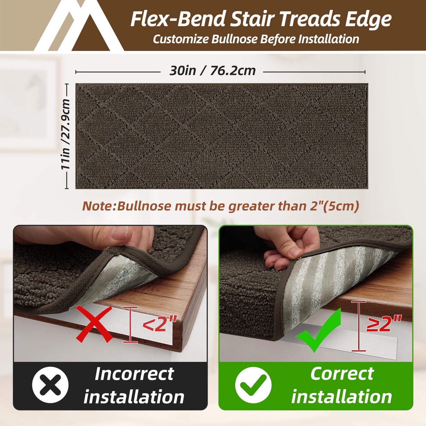 COSY HOMEER Bullnose Carpet Stair Treads, 3 Pack Peel and Stick Non-Slip Stair Treads for Wooden Steps Indoor, 11" x 30" Washable Pet Friendly Stair Runner with Edge Protection for Kids Elders, Brown