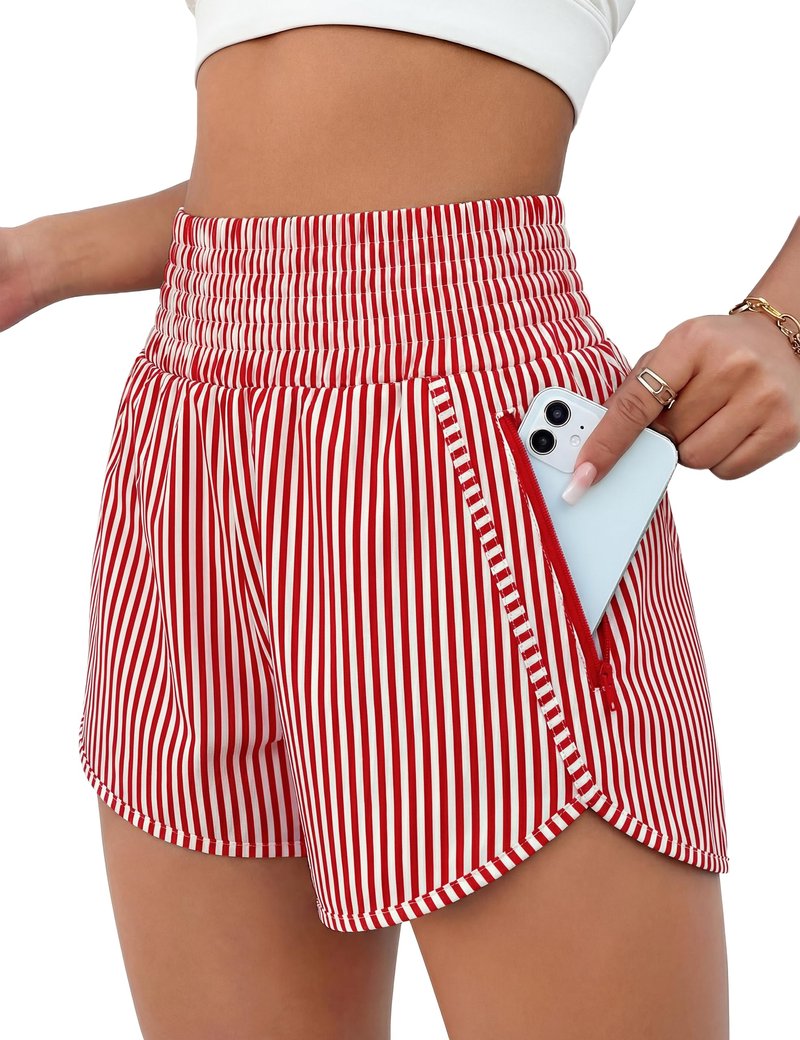 BMJL Women's Athletic Shorts High Waisted Running Short Pocket 2.5" Sporty Shorts Gym Elastic Workout Shorts(S,Red Striped)