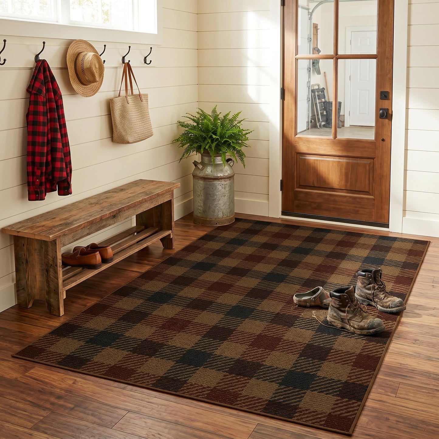 5x7 Farmhouse Mudroom Rug – Washable Non Slip Large Entryway Area Rug for Back Door, Garage Entrance, Durable Indoor Outdoor Style Plaid Rug for Kitchen Dining Room, Dark Brown