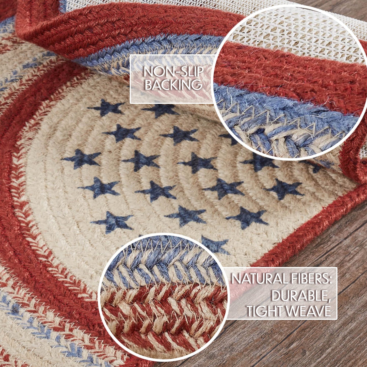 VHC Brands Celebration Braided Jute Rug, Non-Skid Pad, Half Circle Door Mat, Red Creme Blue, 16.5x33