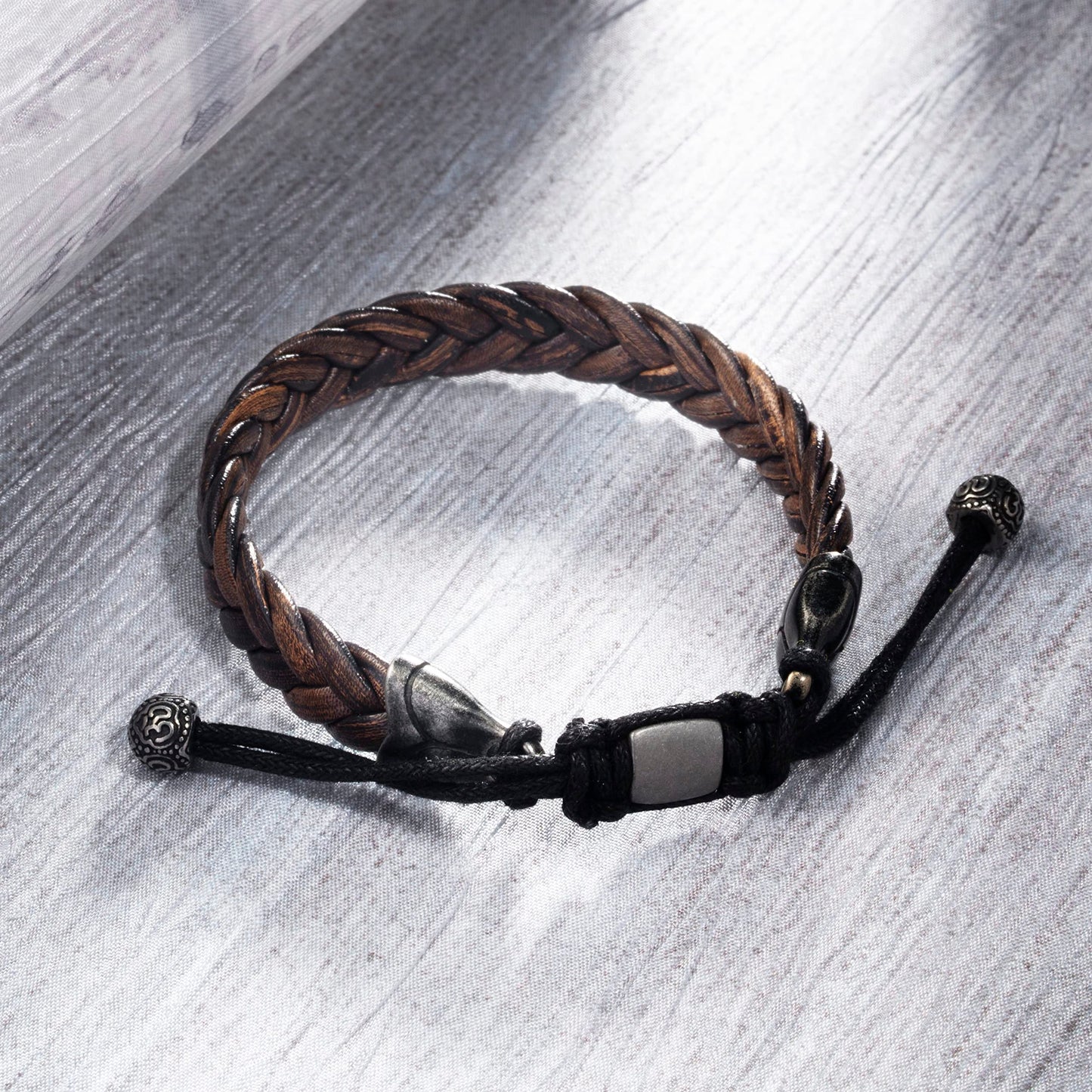 Hius Leather Bracelet for Men, Brown Adjustable Braided Leather Bracelet Wristband, Men's Leather Jewelry