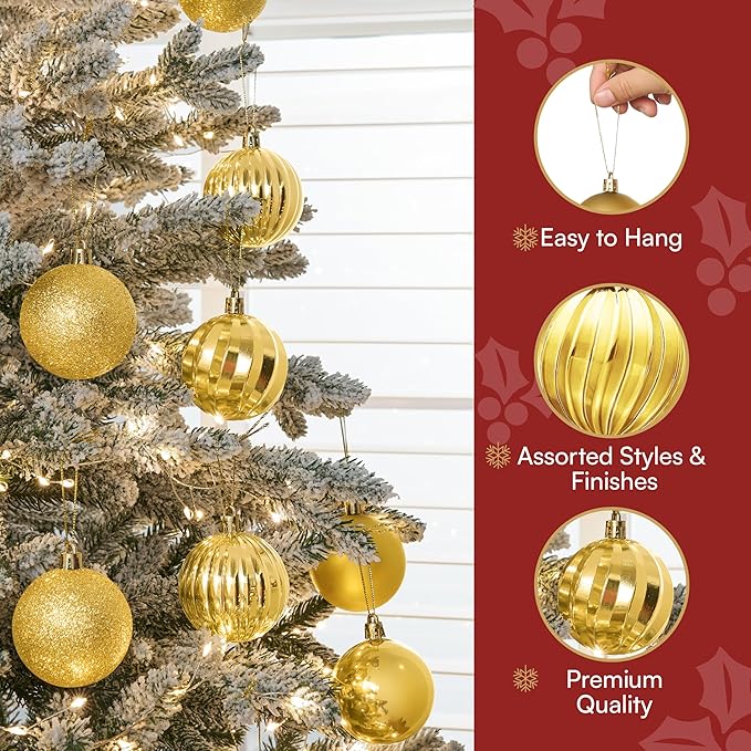 JOIEDOMI 24 Pcs Gold Shatterproof Christmas Balls Ornaments, 2.36" Christmas Tree Decoration Ornaments Set, Xmas Hanging Decorations for Tree Wreath Garland Wedding Indoor Holiday Party Decor