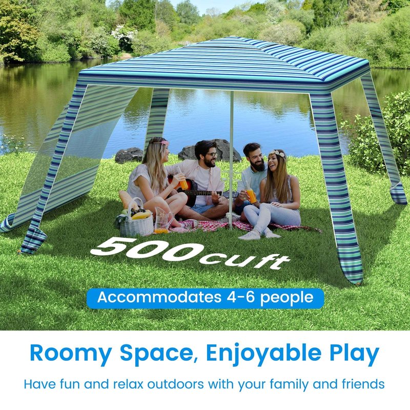MoKo Beach Cabana, 8'×8' Large Beach Canopy with Side Wall, UPF 50+ Protection Easy Setup Beach Tent Sun Shelter, Adjustable Height Wind Resistant Cabana Beach Tent for Whole Family, Blue-Green Stripe