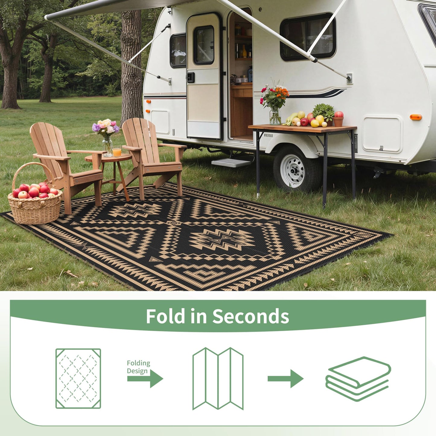GENIMO Outdoor Rug for Patio Clearance - 5x8 ft Waterproof Plastic Camping Rugs, Reversible Outside Rv Mat Carpet for Porch, Deck, Picnic, Balcony, Beach, Backyard, Black Brown