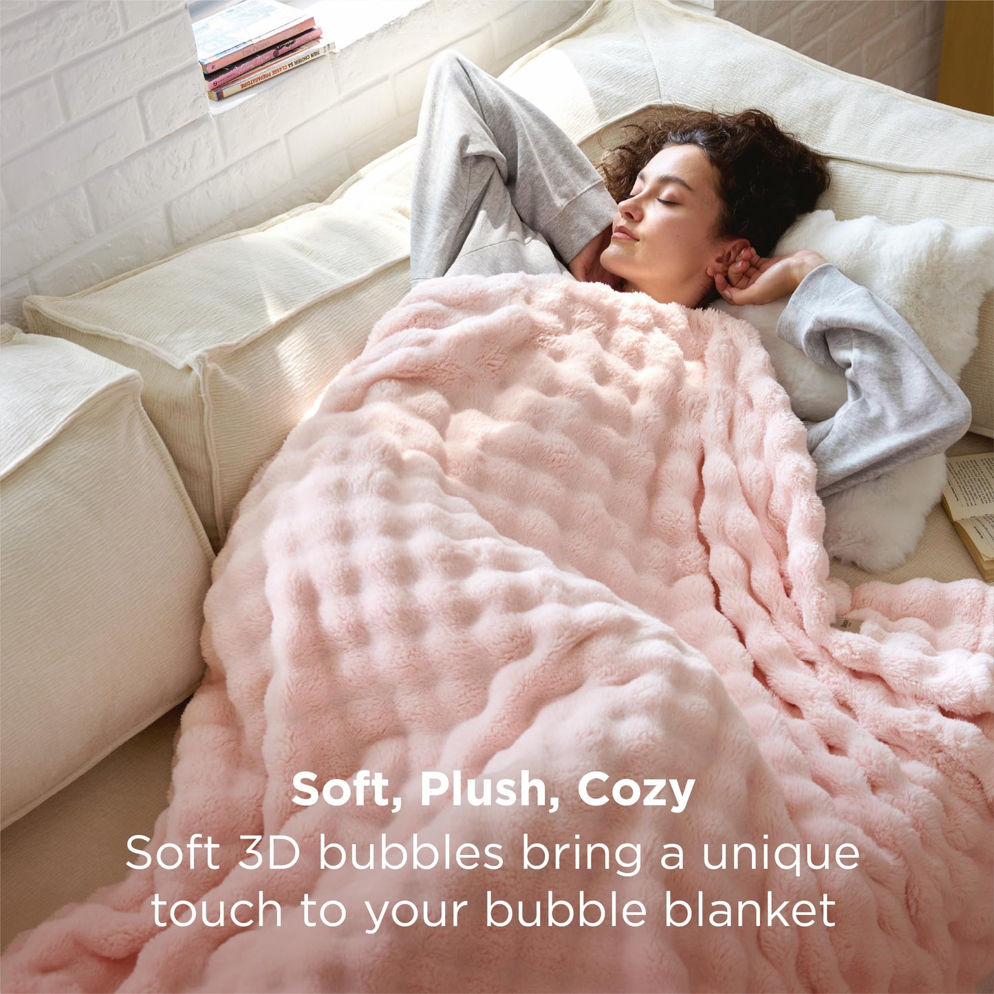 Bedsure 3D Fleece Bubble Blanket for Couch - Cute Pink Twin Blanket for Teen Girl Bed College Dorm Room Decor - Luxury Soft Cozy Birthday Gift for Women Girls, Lightweight,Light Pink, 60"×80"