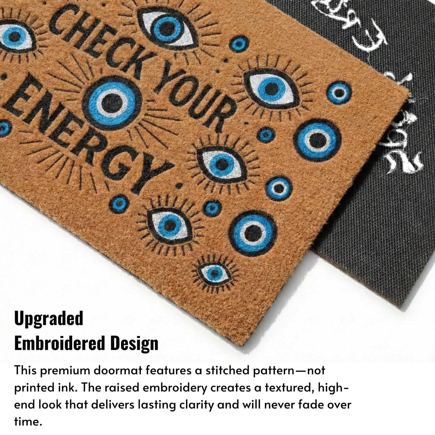 SAIONJI Check Your Energy with Evil Eye 30" x 18" Faux Coir Welcome Mat, Non-Slip Rubber Backing, Waterproof & Durable