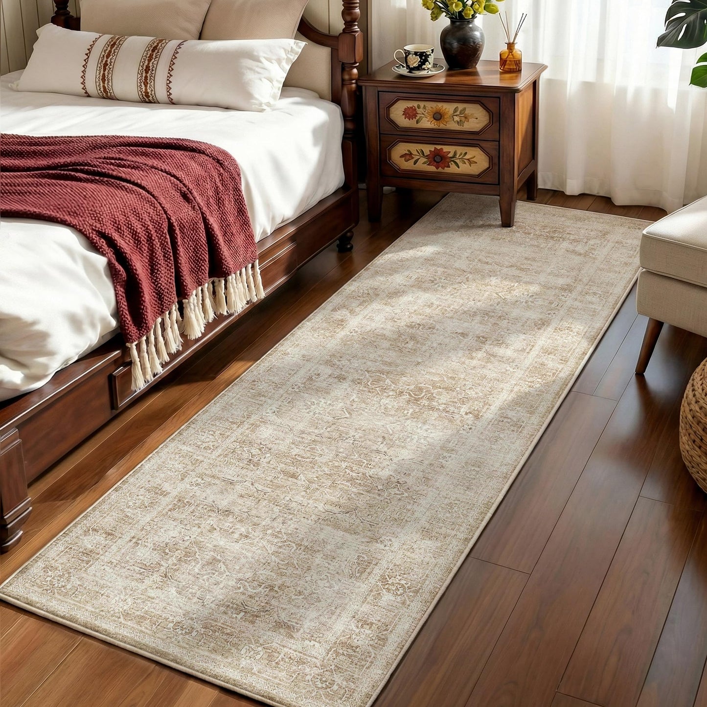 Beauoop 2x6 Hallway Runner Rug Beige Washable Vintage Distressed Neutral Retro Carpet Non Slip Soft Cream Low Pile Indoor Rug for Entryway Kitchen Bedroom Bathroom Laundry Bedside Entrance Living Room