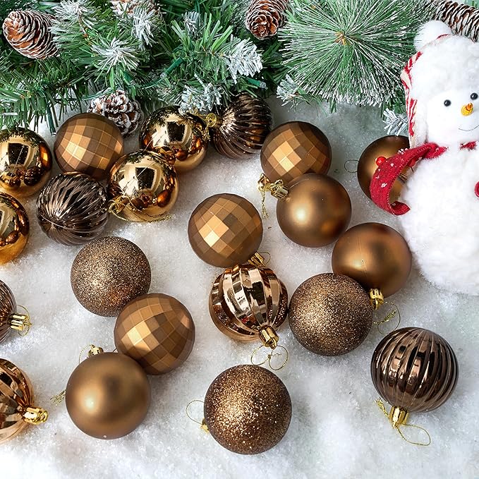 JOIEDOMI 24 Pcs Brown Christmas Balls Ornaments Set, 2.36" Christmas Tree Ornaments Shatterproof, Xmas Balls Hanging Decorations for Tree Wreath Garland Holiday Wedding Indoor Party Decor
