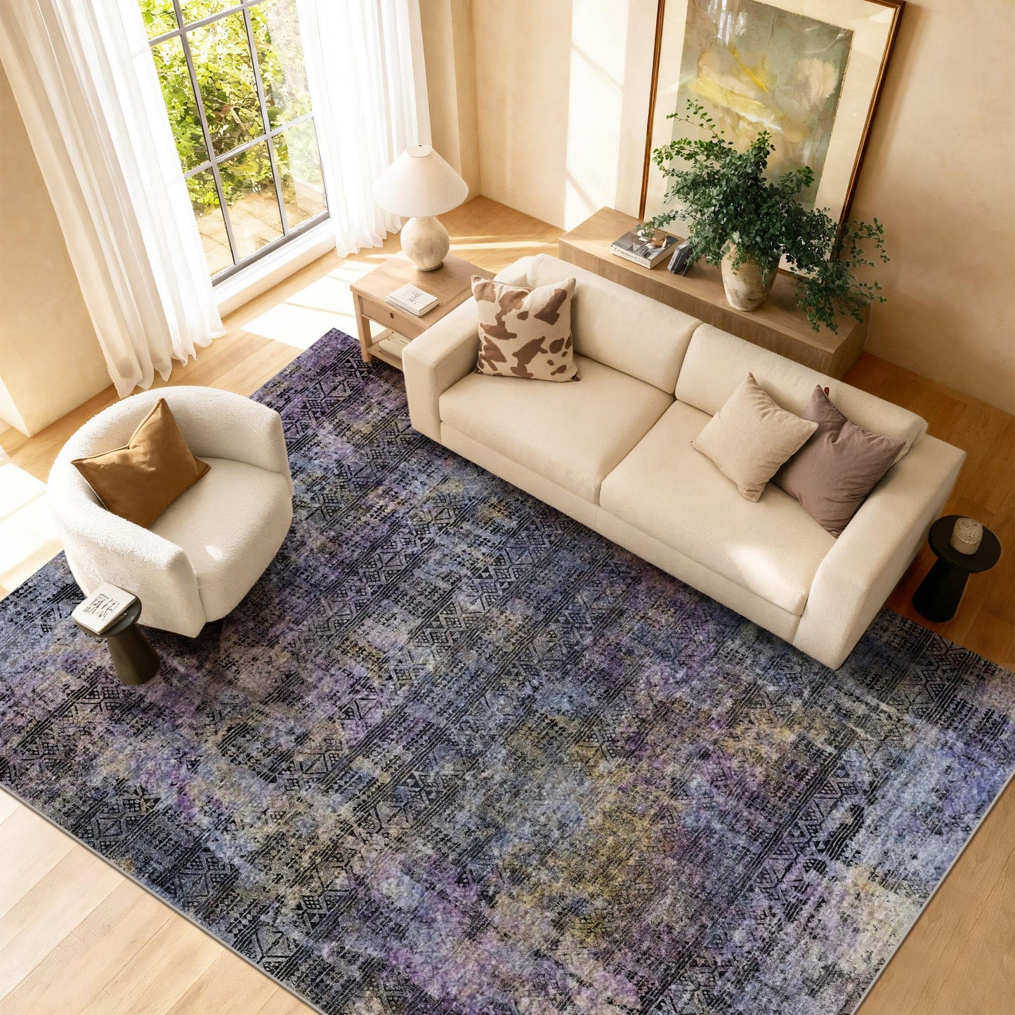 Kokia Abstract Area Rugs Washable Indoor 6x9 Rug Boho Distressed Retro Low Pile Non-Slip Non-Shedding Black Purple Carpet Bedroom Living Room Dining Room, Violet and Slate Blue