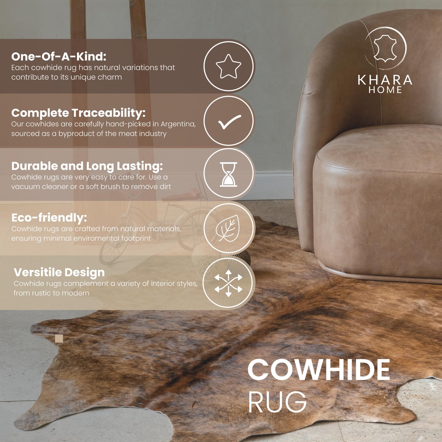 Khara Home Premium 100% Genuine Cowhide Rug Large 5x7 Ft Leather Area Rug for Living Room, Cozy, Unique, and Durable, Western Home Decor – from Argentina (Black, 5 x 7)