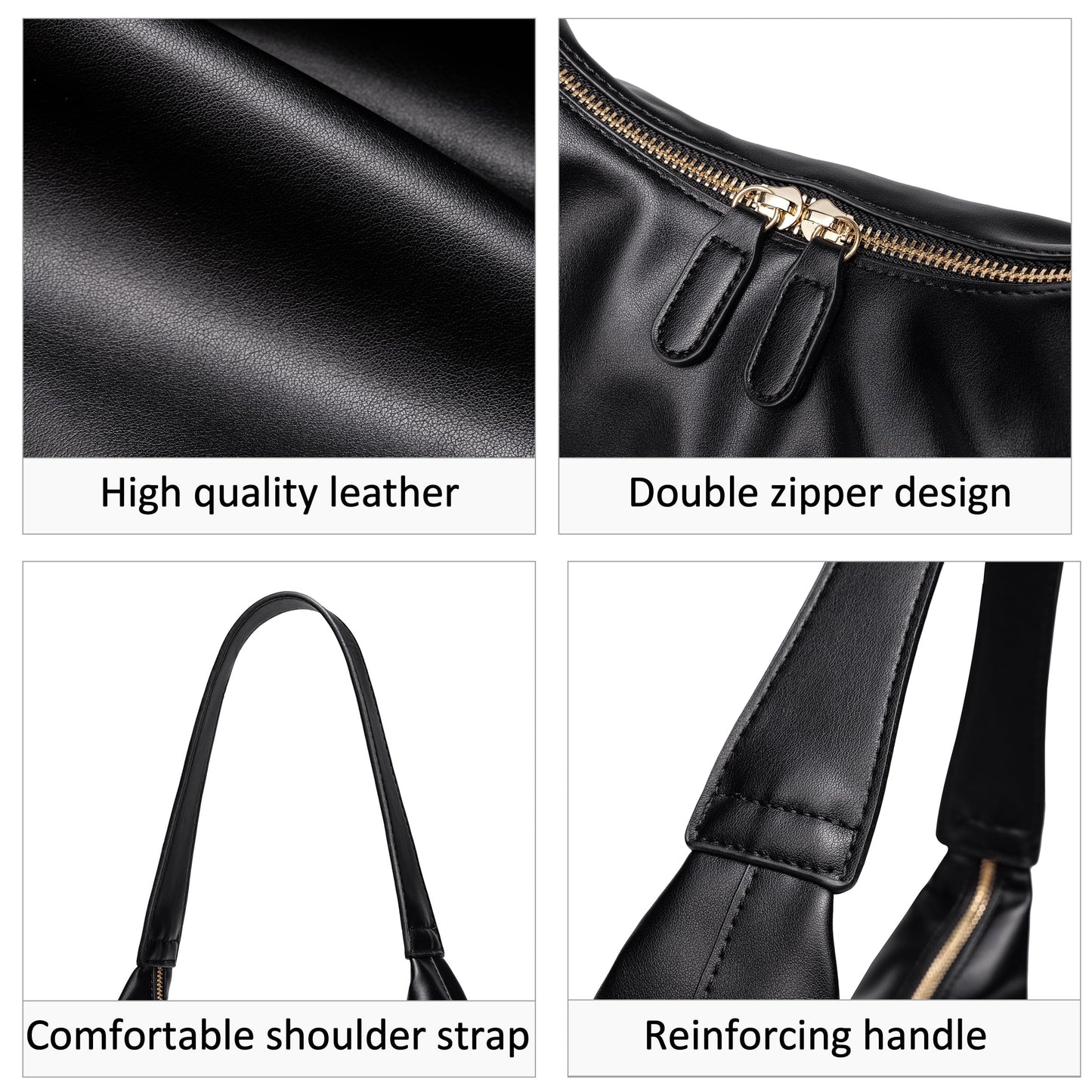 Small Shoulder Bag for Women Cute Hobo Purses Trendy Leather Tote Handbags Classic Black Underarm Purse with Double Zipper