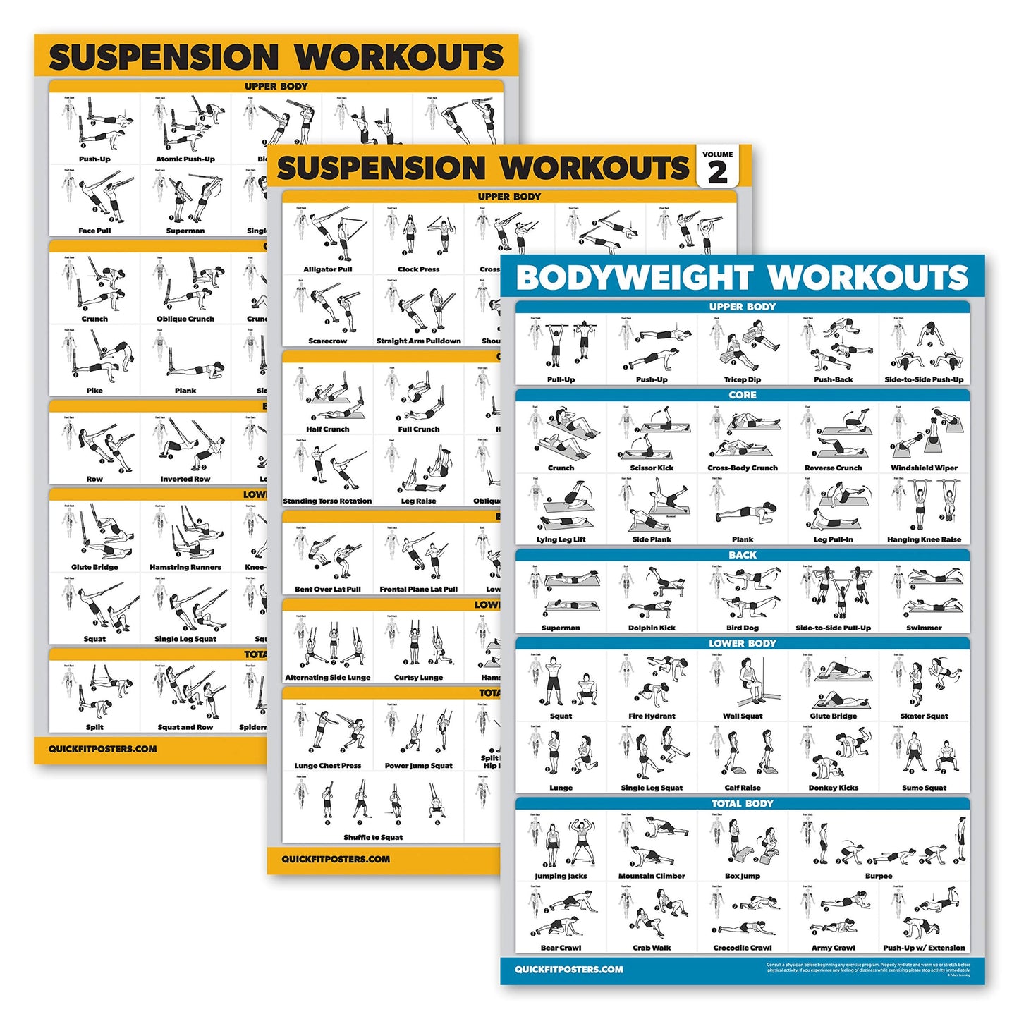 Palace Learning 3 Pack - Suspension Workout Posters - Volume 1 & 2 + Bodyweight Exercises Poster Set - Set of 3 Workout Charts (LAMINATED, 18" x 24")
