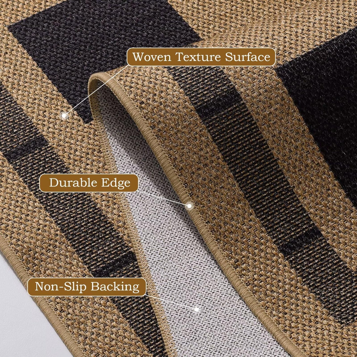 3x5 Outdoor Rug, Jute Checkered Rugs, Patio, Entryway, Balcony, Porch Indoor Plaid Carpets, Washable Bedroom Kitchen Carpet, Non Slip Farmhouse Neutral Laundry Office Floor Mat, Black and Brown