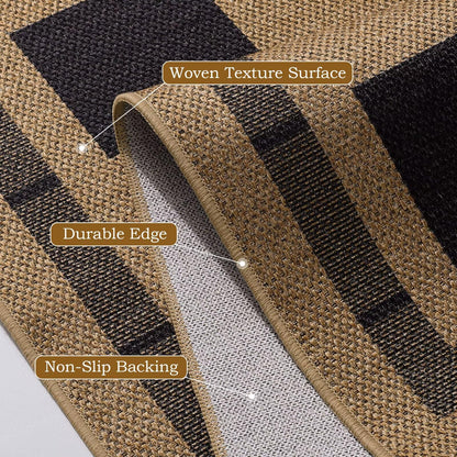 3x5 Outdoor Rug, Jute Checkered Rugs, Patio, Entryway, Balcony, Porch Indoor Plaid Carpets, Washable Bedroom Kitchen Carpet, Non Slip Farmhouse Neutral Laundry Office Floor Mat, Black and Brown