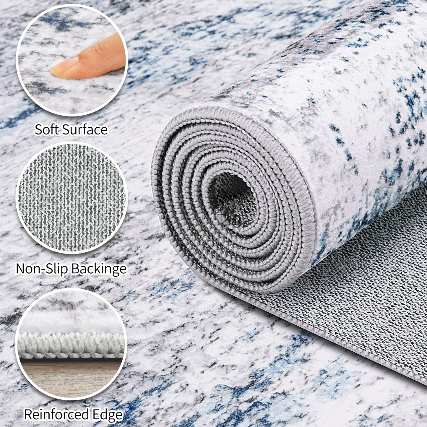 Area Rug Living Room Rugs: 5x7 Large Soft Indoor Carpet Modern Abstract Rug with Non Slip Rubber Backing for Under Dining Table Nursery Home Office Bedroom White Gray Blue