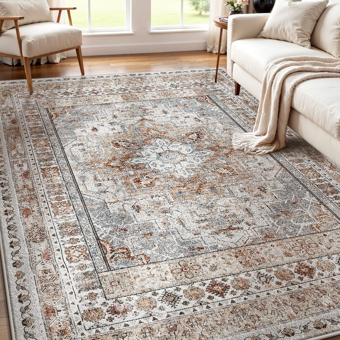 RUGIXE Area Rug 6×9 Foldable Machine Washable Living Room Area Rug, Machine Washable Anti-Slip Retro Rug, Low-Density Lightweight Chenille Printed Rug, Bedroom, Dining Room，Rugs for Living Room