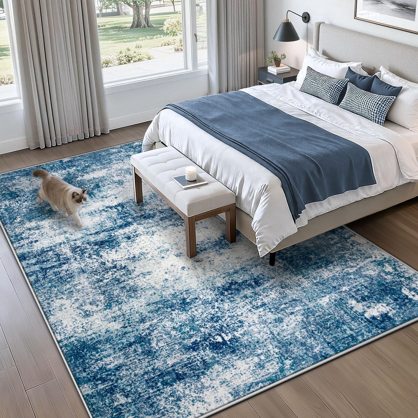 5x7 Area Rugs for Living Room, Washable Modern Abstract Rug Non-Slip Soft Low Pile Stain Resistant Carpet for Bedroom Nursery Dining Room Home Office (Blue, 5'x7')